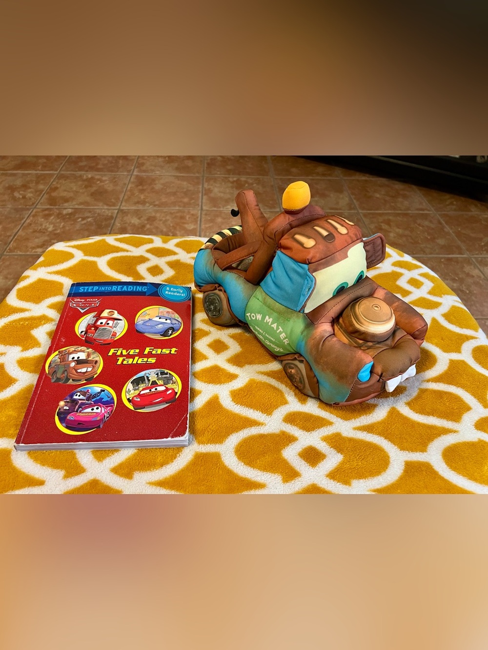 Disney Pixar Cars Tow Mater Plush Stuffed Vehicle Small + Five Fast Tales Book